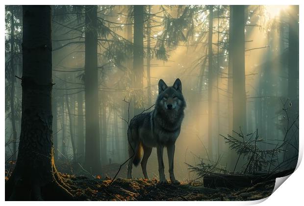 A lonely wolf in a misty forest with sunbeams. Print by Michael Piepgras