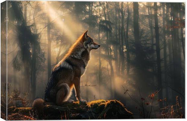 A lonely wolf in a misty forest with sunbeams. Canvas Print by Michael Piepgras