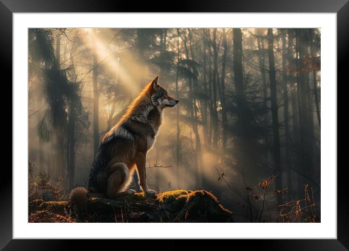 A lonely wolf in a misty forest with sunbeams. Framed Mounted Print by Michael Piepgras