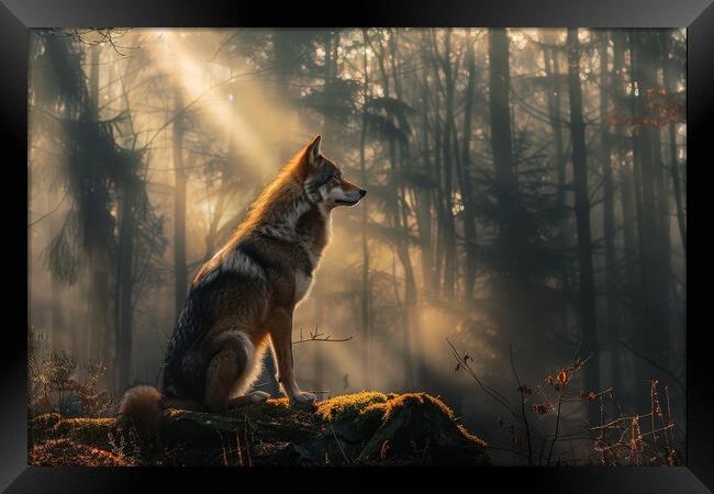A lonely wolf in a misty forest with sunbeams. Framed Print by Michael Piepgras