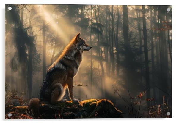 A lonely wolf in a misty forest with sunbeams. Acrylic by Michael Piepgras