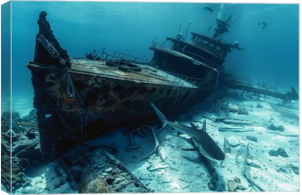 A ship wreck on the seabed with a shark swimming around it Canvas Print by Michael Piepgras