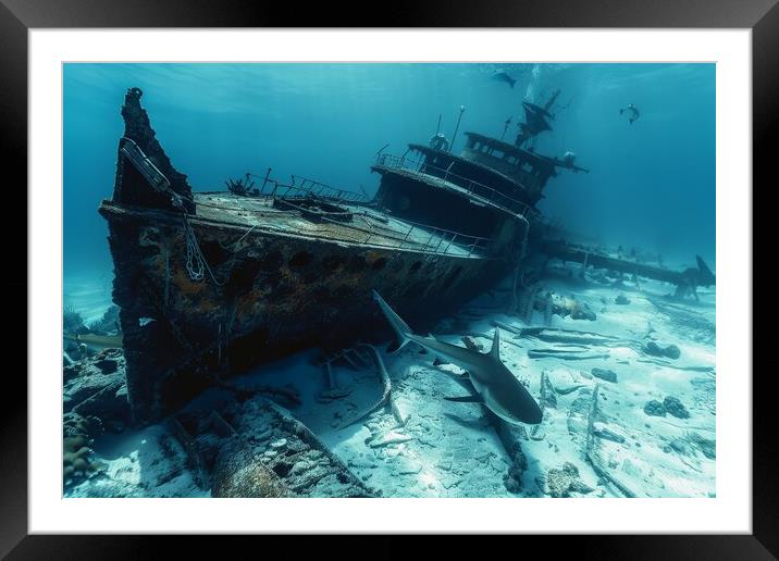 A ship wreck on the seabed with a shark swimming around it Framed Mounted Print by Michael Piepgras