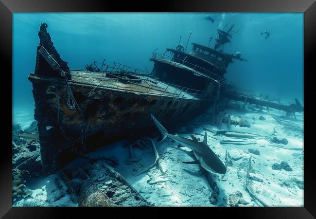 A ship wreck on the seabed with a shark swimming around it Framed Print by Michael Piepgras