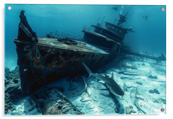 A ship wreck on the seabed with a shark swimming around it Acrylic by Michael Piepgras