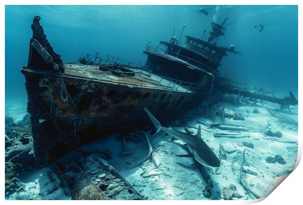 A ship wreck on the seabed with a shark swimming around it Print by Michael Piepgras