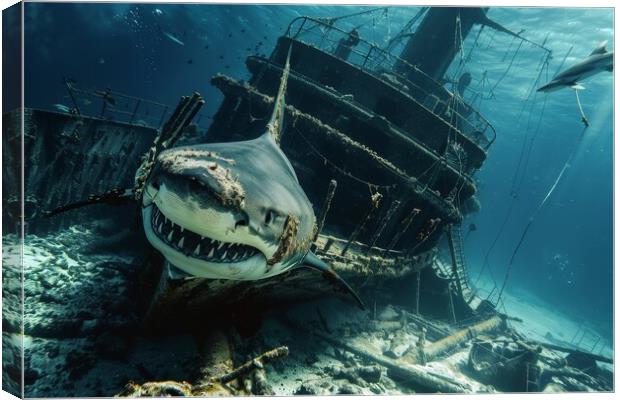 A ship wreck on the seabed with a shark swimming around it Canvas Print by Michael Piepgras