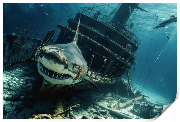 A ship wreck on the seabed with a shark swimming around it Print by Michael Piepgras