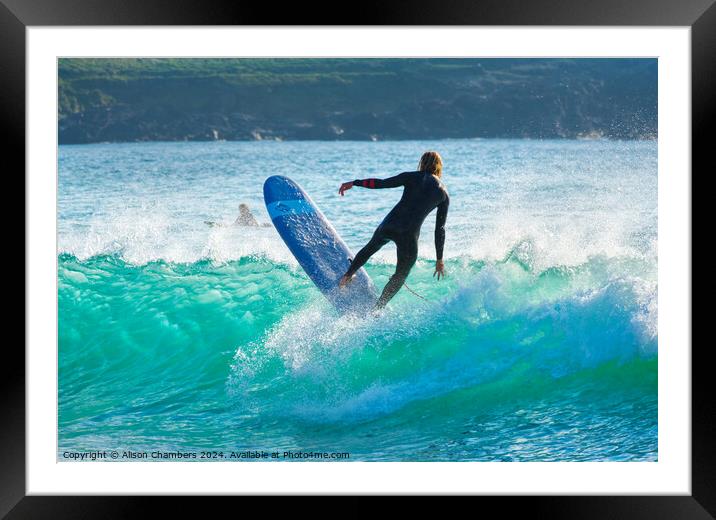 Fistral Beach Surfer Framed Mounted Print by Alison Chambers