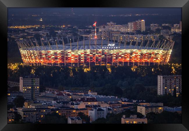 National Stadium In Warsaw City At Night Framed Print by Artur Bogacki