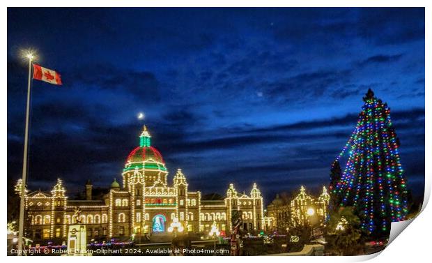 Canada flag, provincial parliament building and Christmas tree  Print by Robert Galvin-Oliphant