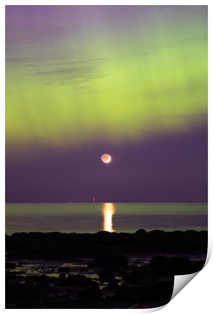 The Northern lights over the moon in Hunstanton Print by Bryn Ditheridge