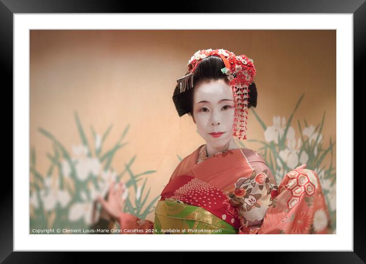 Japanese Maiko or geisha in red kimono coifed hair brooch with patterns of red and white plum blossoms Framed Mounted Print by  Kuremo