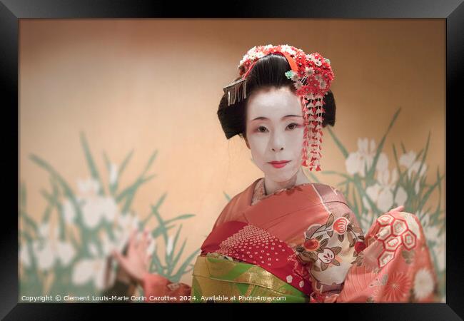 Japanese Maiko or geisha in red kimono coifed hair brooch with patterns of red and white plum blossoms Framed Print by  Kuremo
