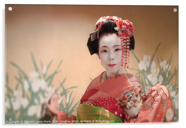 Japanese Maiko or geisha in red kimono coifed hair brooch with patterns of red and white plum blossoms Acrylic by  Kuremo