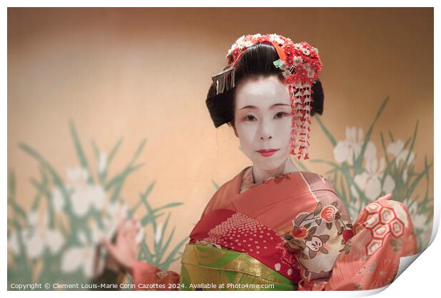 Japanese Maiko or geisha in red kimono coifed hair brooch with patterns of red and white plum blossoms Print by  Kuremo