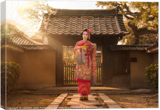 Maiko in a kimono posing on a stone path in front of the gate of a traditional Japanese house surrounded by cherry blossoms and pine trees in the rays of sunset. Canvas Print by  Kuremo