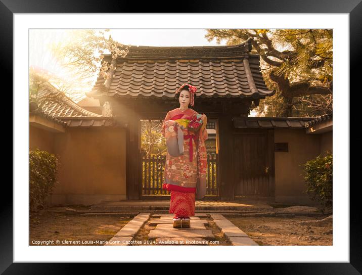 Maiko in a kimono posing on a stone path in front of the gate of a traditional Japanese house surrounded by cherry blossoms and pine trees in the rays of sunset. Framed Mounted Print by  Kuremo
