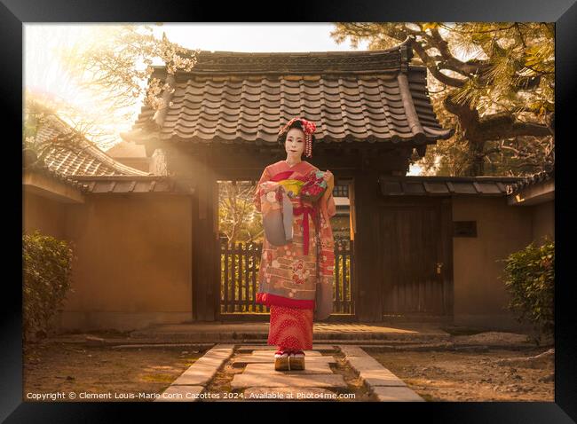 Maiko in a kimono posing on a stone path in front of the gate of a traditional Japanese house surrounded by cherry blossoms and pine trees in the rays of sunset. Framed Print by  Kuremo
