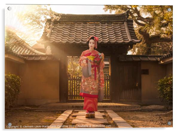 Maiko in a kimono posing on a stone path in front of the gate of a traditional Japanese house surrounded by cherry blossoms and pine trees in the rays of sunset. Acrylic by  Kuremo