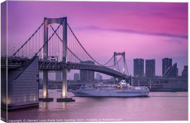 Cruise ship sailing under the Rainbow Bridge of Tokyo at sunset. Canvas Print by  Kuremo