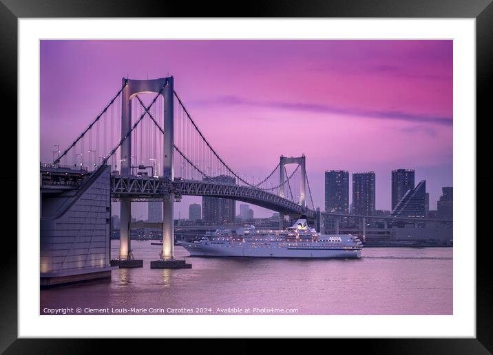 Cruise ship sailing under the Rainbow Bridge of Tokyo at sunset. Framed Mounted Print by  Kuremo