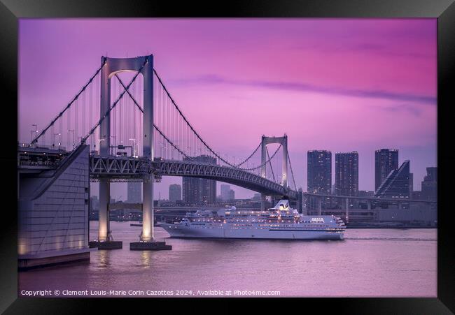 Cruise ship sailing under the Rainbow Bridge of Tokyo at sunset. Framed Print by  Kuremo