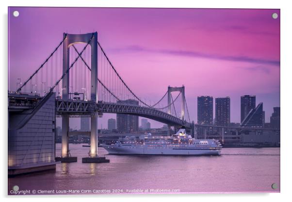 Cruise ship sailing under the Rainbow Bridge of Tokyo at sunset. Acrylic by  Kuremo