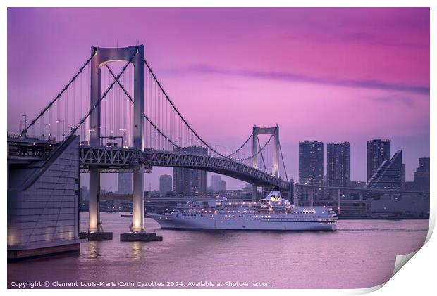 Cruise ship sailing under the Rainbow Bridge of Tokyo at sunset. Print by  Kuremo