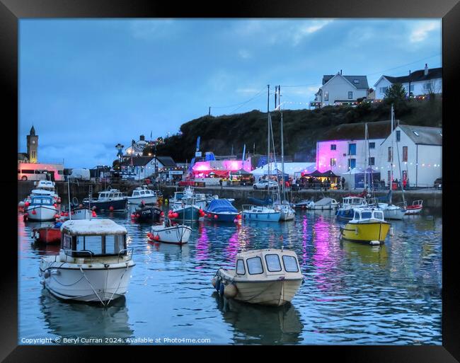 Porthleven Harbour night time Framed Print by Beryl Curran