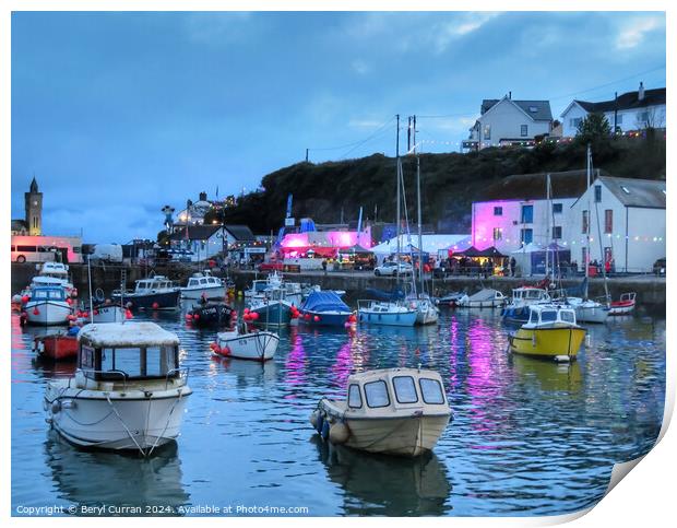 Porthleven Harbour night time Print by Beryl Curran
