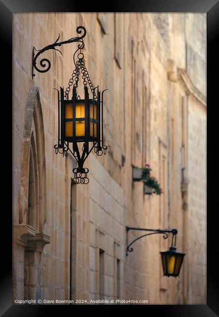 Mdina Street Lamps Framed Print by Dave Bowman