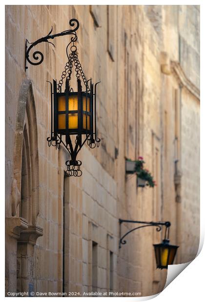 Mdina Street Lamps Print by Dave Bowman