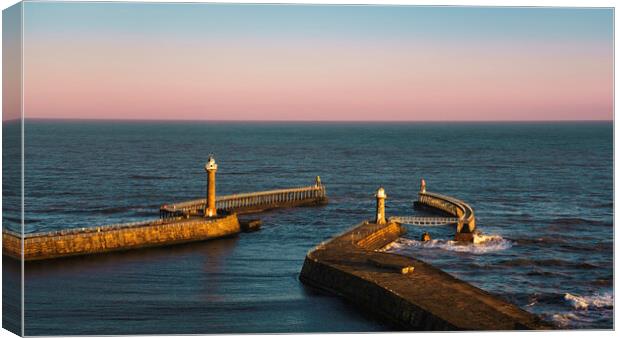 Whitby's Piers at Sunrise Canvas Print by Anthony McGeever
