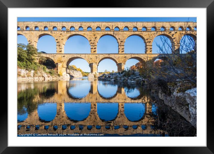 The Pont du Gard. Ancient Roman aqueduct bridge over Gardon rive Framed Mounted Print by Laurent Renault