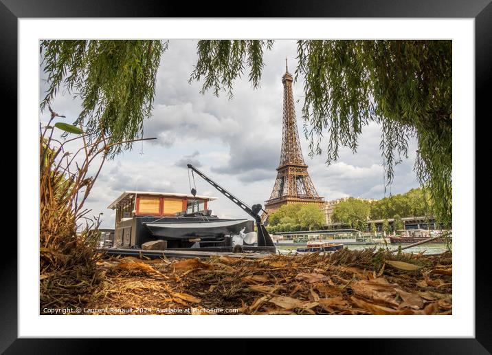 Eiffel Tower viewed from the ground of the banks of the Seine ri Framed Mounted Print by Laurent Renault