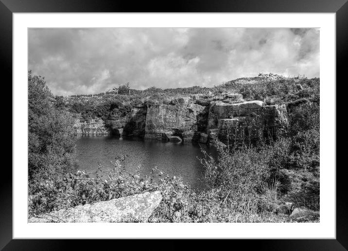 Carbilly Tor old quarry  Monochrome Framed Mounted Print by Diana Mower