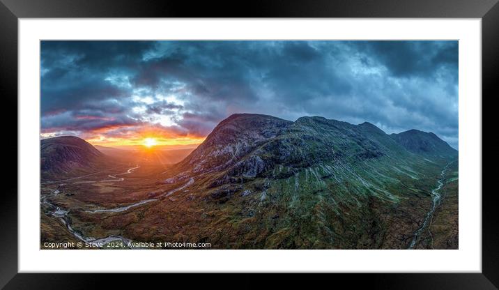 Aerial Panorama of Sunrise Over The Grampian Mountains Past Buachaille Etive Mòr, Glencoe, Highlands, Scotland Framed Mounted Print by Steve 
