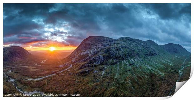 Aerial Panorama of Sunrise Over The Grampian Mountains Past Buachaille Etive Mòr, Glencoe, Highlands, Scotland Print by Steve 