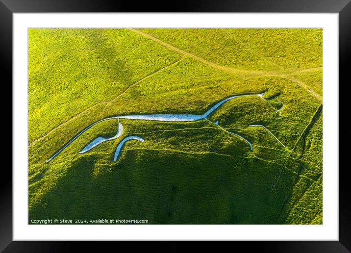 Aerial View of Chalk Figure of Neolithic Uffington White Horse, Uffington Hill Fort, Oxfordshire Framed Mounted Print by Steve 