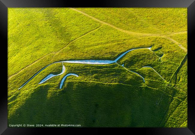 Aerial View of Chalk Figure of Neolithic Uffington White Horse, Uffington Hill Fort, Oxfordshire Framed Print by Steve 