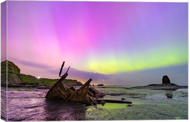 Northern Lights at Saltwick Bay, Near Whitby, North Yorkshire on Canvas Print by Martin Williams
