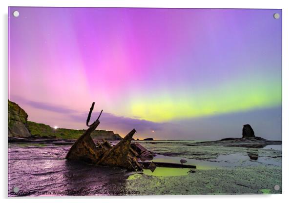 Northern Lights at Saltwick Bay, Near Whitby, North Yorkshire on Acrylic by Martin Williams