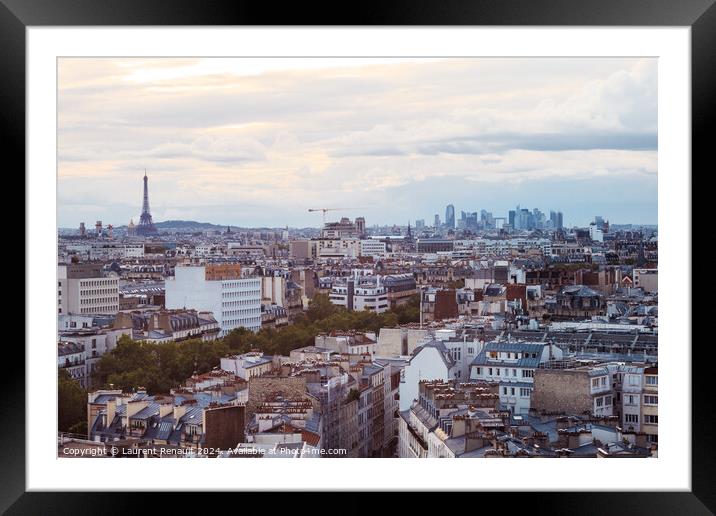 Paris cityscape with Eiffel Tower and defense district at sunset Framed Mounted Print by Laurent Renault