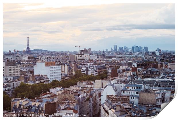 Paris cityscape with Eiffel Tower and defense district at sunset Print by Laurent Renault