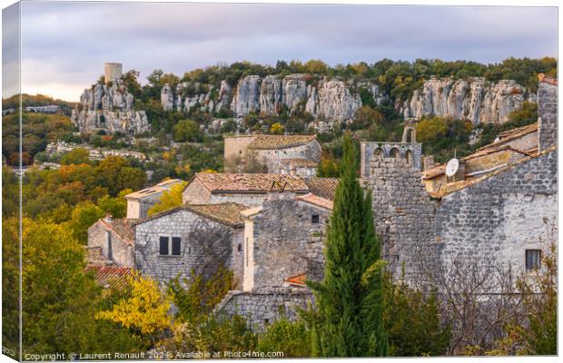 Medieval village of Balazuc over Ardèche river. Photography tak Canvas Print by Laurent Renault