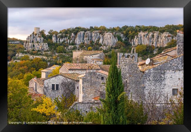 Medieval village of Balazuc over Ardèche river. Photography tak Framed Print by Laurent Renault