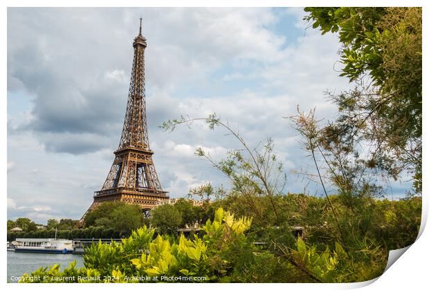 Eiffel Tower viewed from the banks with frame of vegetation Print by Laurent Renault
