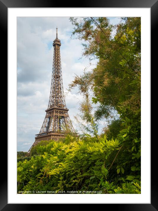 Eiffel Tower viewed from the banks with frame of vegetation Framed Mounted Print by Laurent Renault