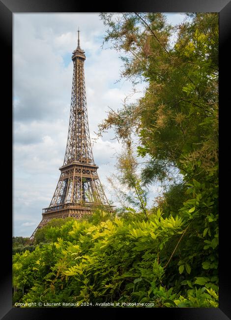 Eiffel Tower viewed from the banks with frame of vegetation Framed Print by Laurent Renault